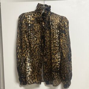 Adrianna Papell Vintage Gold Black Leopard Animal Print Ruffle Blouse Medium